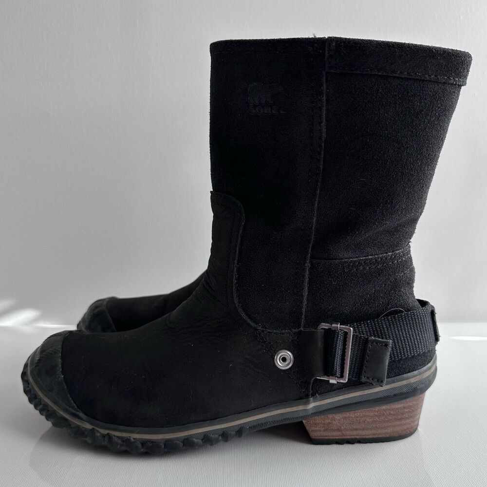 Sorel Women’s Black Waterproof Leather Buckle Boots Size 7.5 Mid Calf